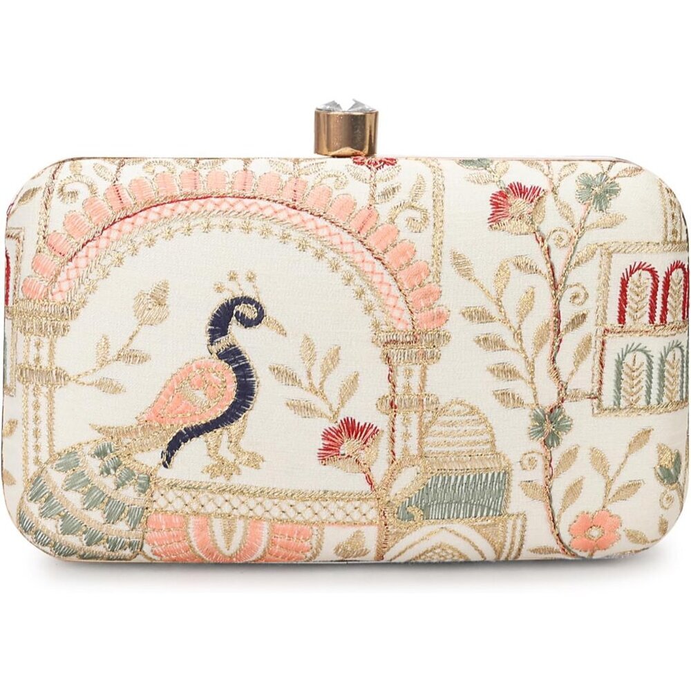Handcrafted Zari Embroidery Box Clutch - Elegant Evening Purse in Cream - Picture 2 of 7